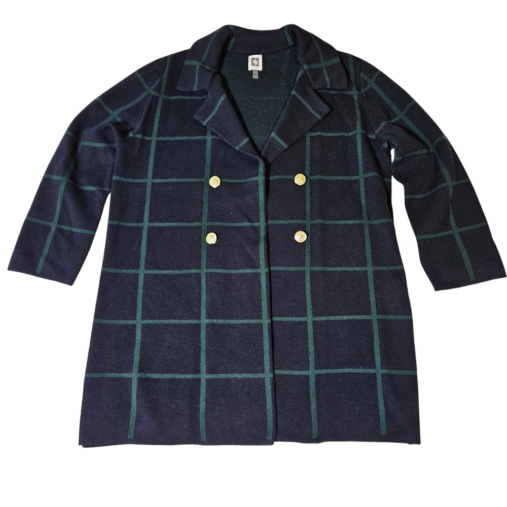 Anne Klein Navy Green Windowpane Plaid Knit Cardigan Coat L Preppy Dark Academia